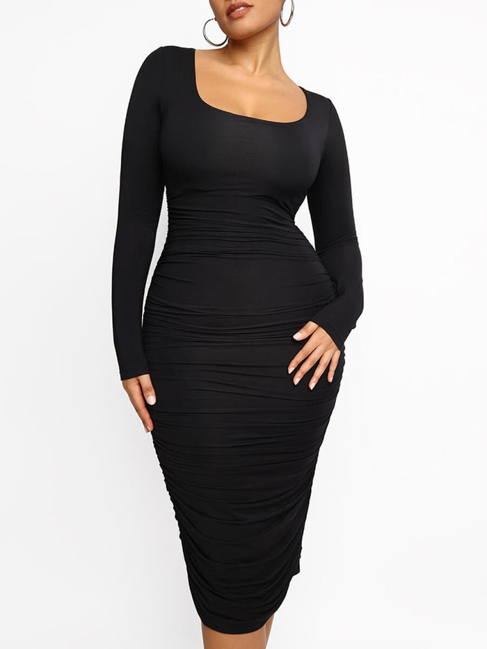 Wholesale Square-neck Long-sleeve Bodycon Bulit-in Shapewear Dress
