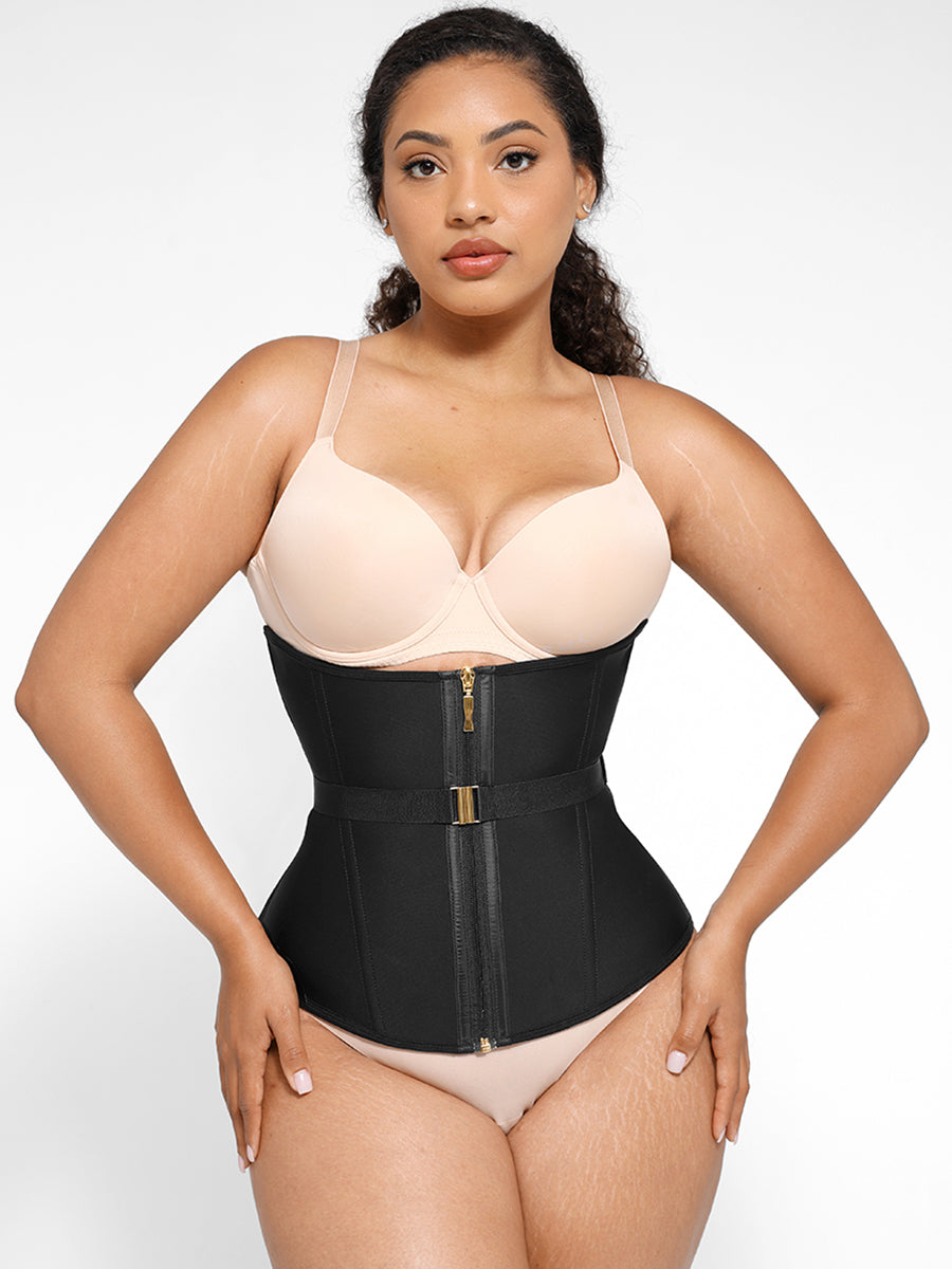 Wholesale U-Shaped 10 Steel Bones Latex Waist Trainer with Fan Lacing and Front Buckle Adjustment