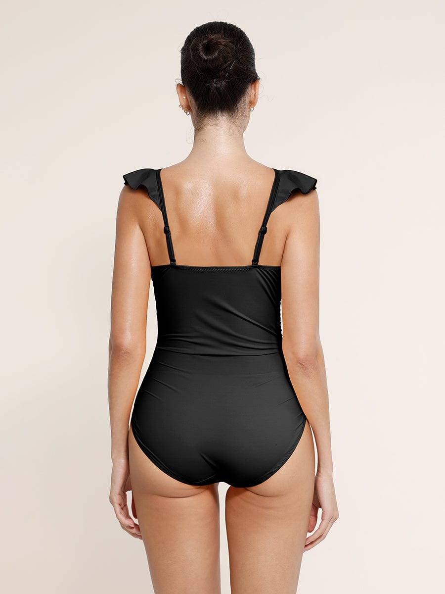 Wholesale Ruffled One Piece V Neck Lace Up Swimsuit