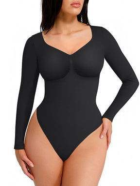 Wholesale Seamless Long Sleeve Chest Support Tummy Control Thong Bodysuit