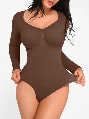 Wholesale Seamless Long Sleeve Chest Support Tummy Control Thong Bodysuit