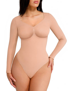 Wholesale Seamless Long Sleeve Chest Support Tummy Control Thong Bodysuit