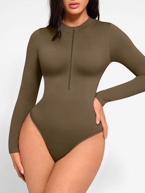 Wholesale Seamless Long Sleeve Zipper Thong Bodysuit