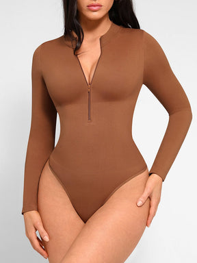 Wholesale Seamless Long Sleeve Zipper Thong Bodysuit