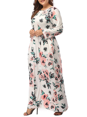 Lovely Round Collar Floral Pattern White Dress For Female Queen Size