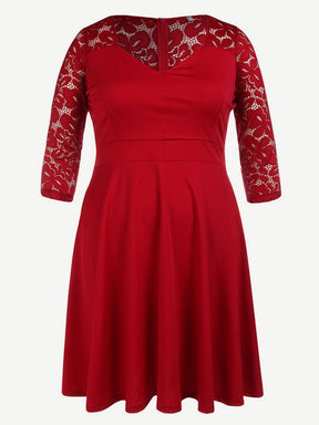 Women's V-Neck Stitching Lace Plus Size Dress XL-4XL