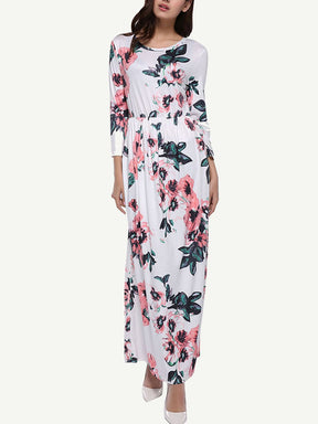 Wholesale Gracious Long Sleeves Allover Floral Maxi Dress Round Neck