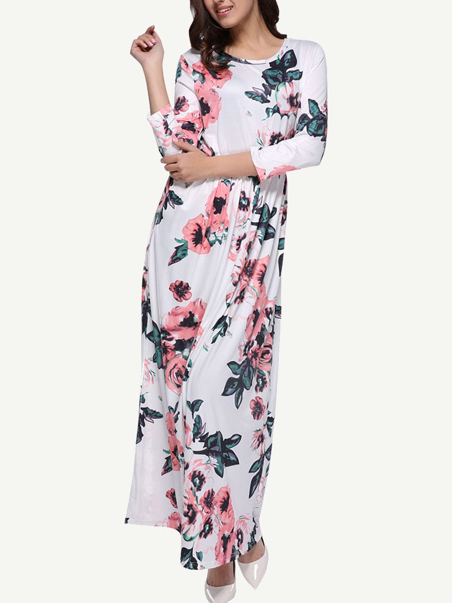 Wholesale Gracious Long Sleeves Allover Floral Maxi Dress Round Neck