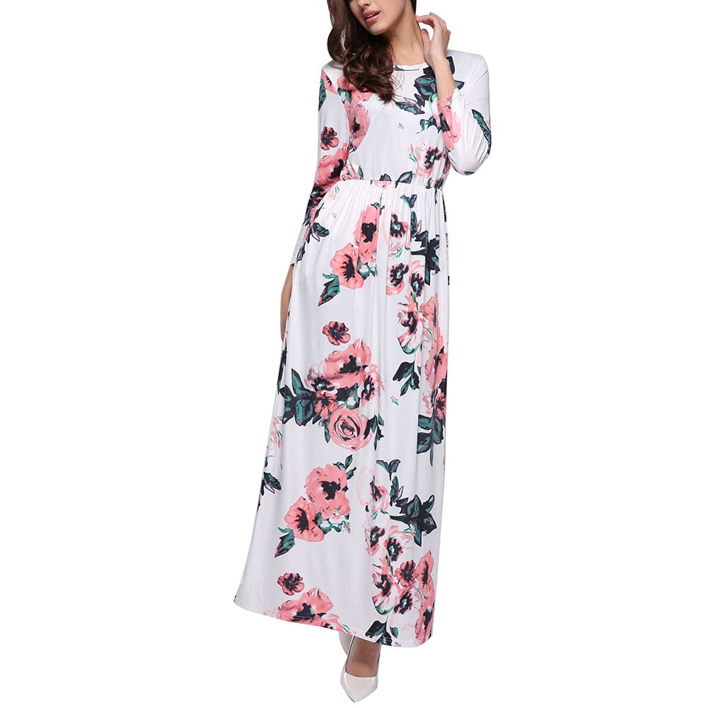 Wholesale Gracious Long Sleeves Allover Floral Maxi Dress Round Neck